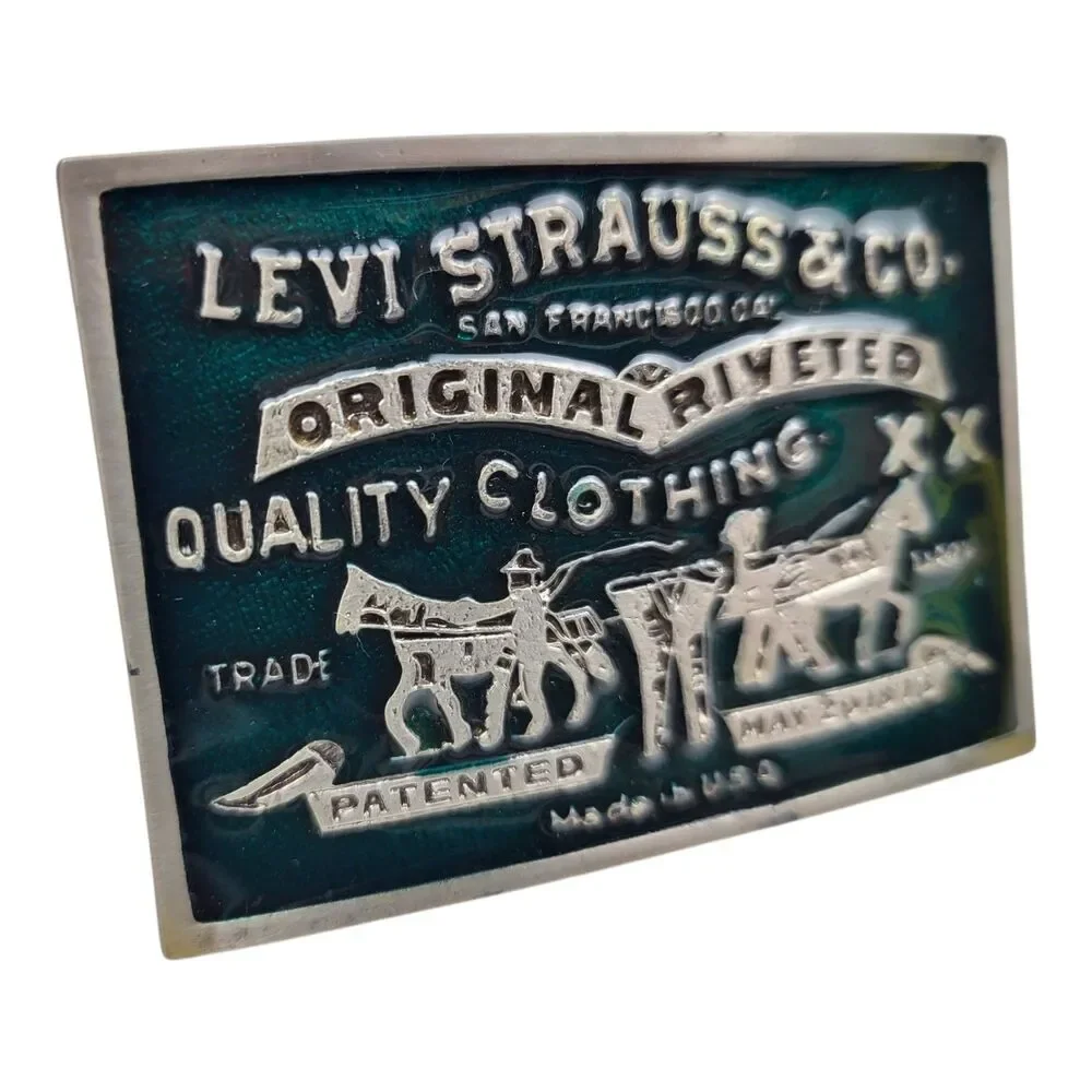 Levi Strauss Jeans Two Horse Western Green Enamel Metal Belt Buckle Vintage Rare
